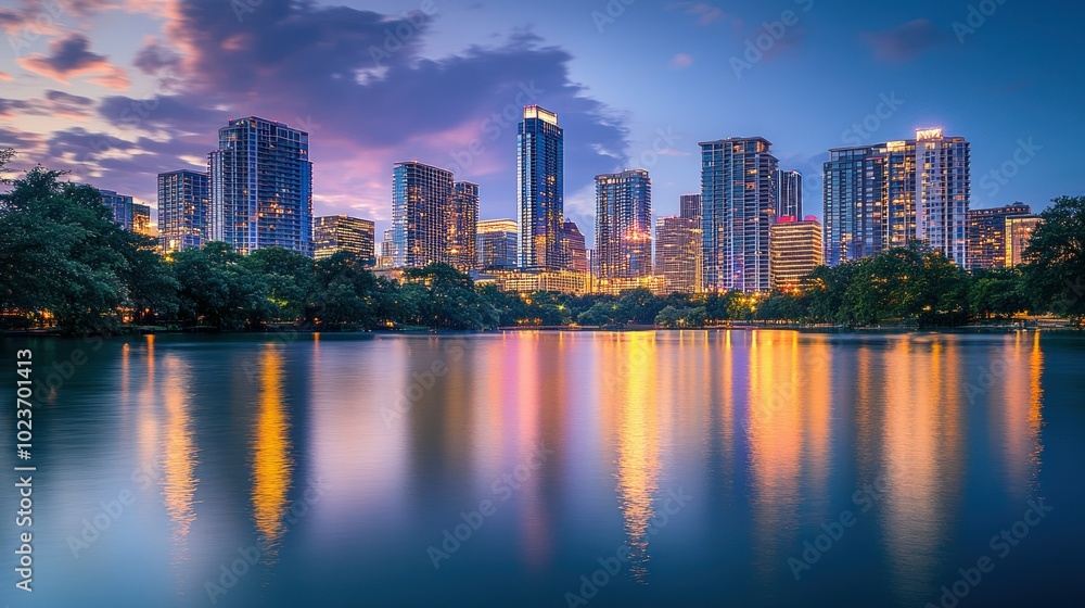 Fototapeta premium Cityscape Reflection in a Lake at Sunset