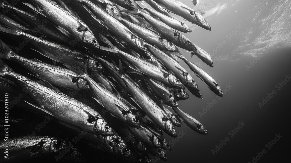 A vibrant school of sardines swims together creating a stunning silver display underwater A vibrant school of sardines swims together creating a stunning silver display underwater