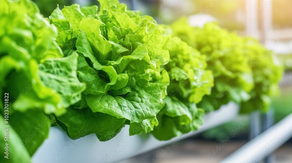 A row of green lettuce plants are growing in a greenhouse A row of green lettuce plants are growing in a greenhouse