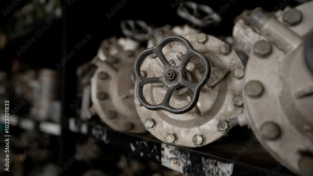 Showing rows of industrial valves. Showing rows of industrial valves.