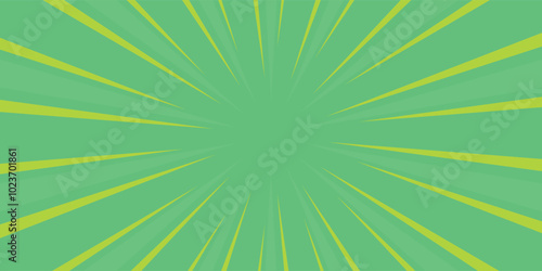 Comic background. Pop art texture. Starburst cartoon style. Anime design with explosion effect for print. Fun dot pattern. Green backdrop with halftone gradient. Funny line frame. Vector illustration