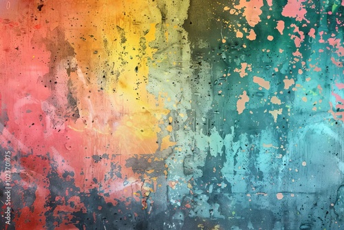 Vibrant abstract paint splatter on a textured concrete wall, showcasing a mix of bright and bold colors.