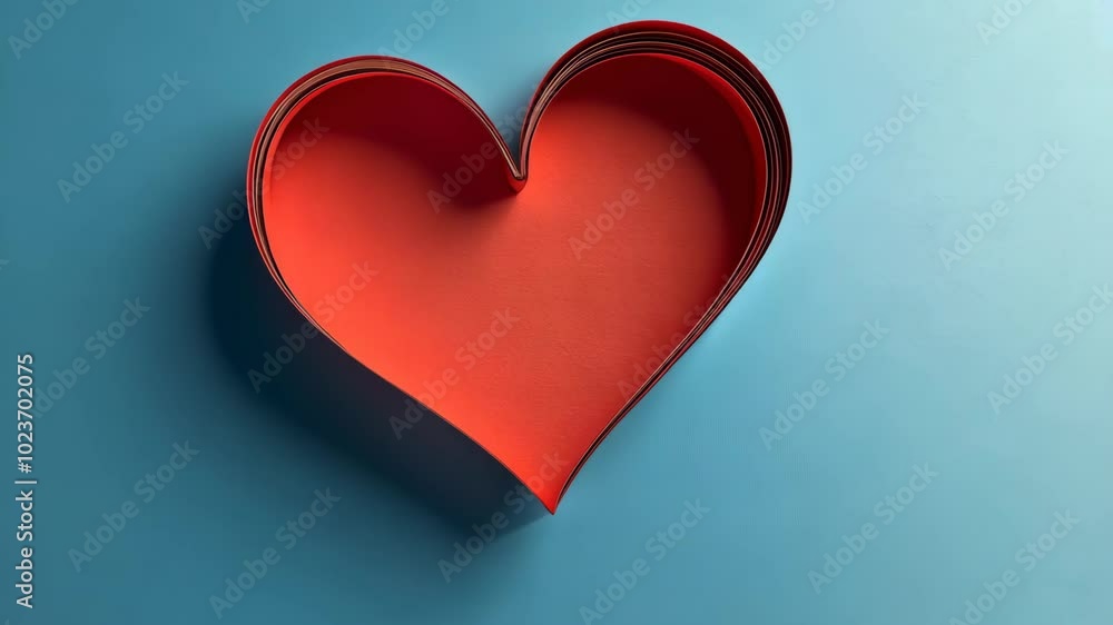 A red paper heart, folded into itself, sits on a blue background A red paper heart, folded into itself, sits on a blue background