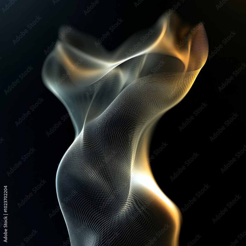 Abstract Fluid Art. Waving Lines and Mesh Structure, Digital 3D Illustration on a Black Background. Abstract Fluid Art. Waving Lines and Mesh Structure, Digital 3D Illustration on a Black Background.