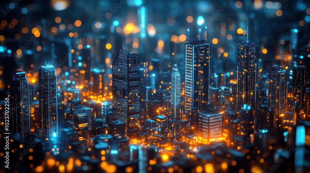 Fototapeta premium A vibrant, futuristic cityscape illuminated by glowing lights at night.