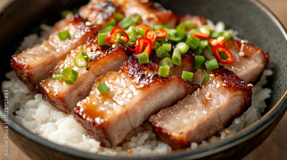 Delicious BBQ Pork on Rice Bowl with Fresh Toppings Delicious BBQ Pork on Rice Bowl with Fresh Toppings