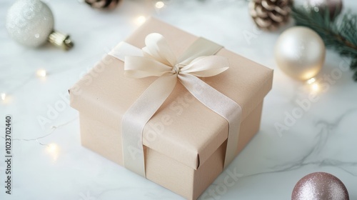 Elegant Gift Box with Holiday Decorations on Marble Background