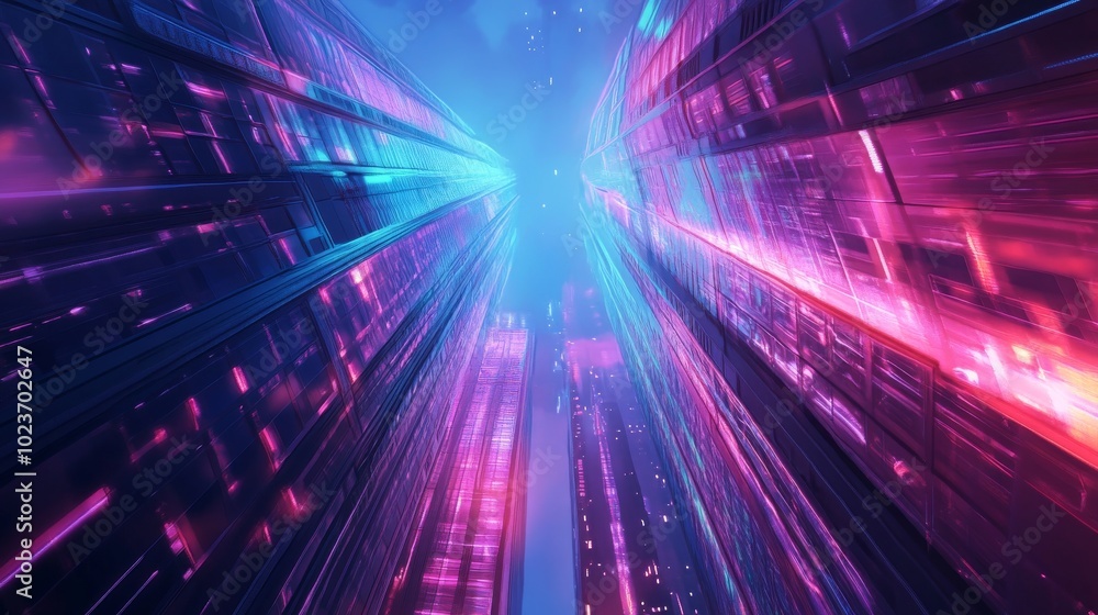 Imaginative portrayal of a synthwave skyscraper, featuring neon lights and abstract visual elements. Imaginative portrayal of a synthwave skyscraper, featuring neon lights and abstract visual elements.