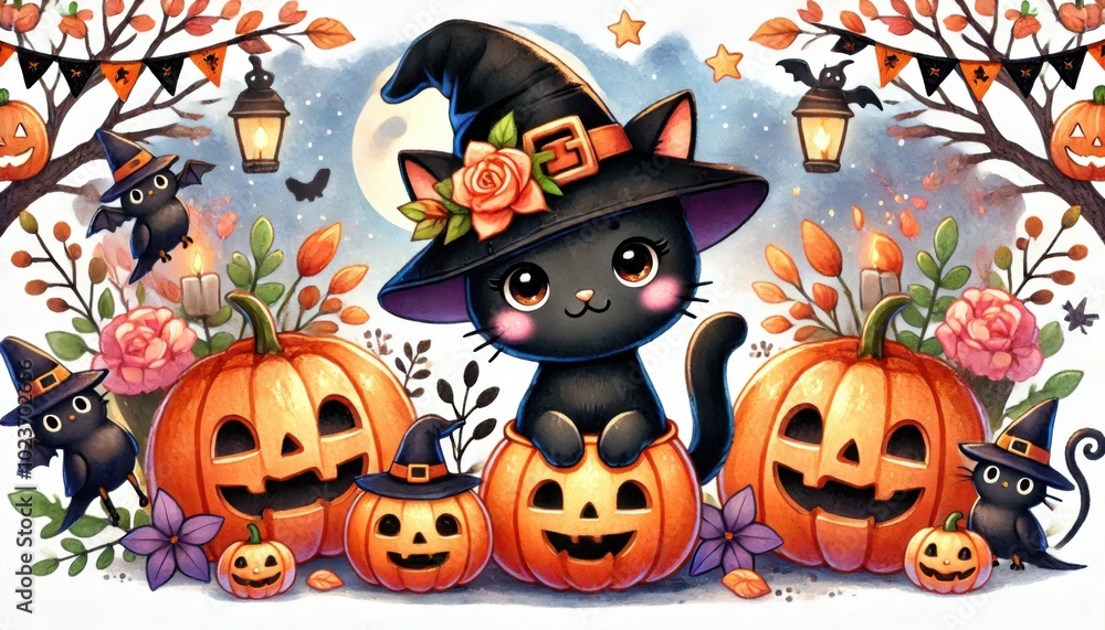 Fototapeta premium Black Cat in Witch Hat with Pumpkins for Halloween 