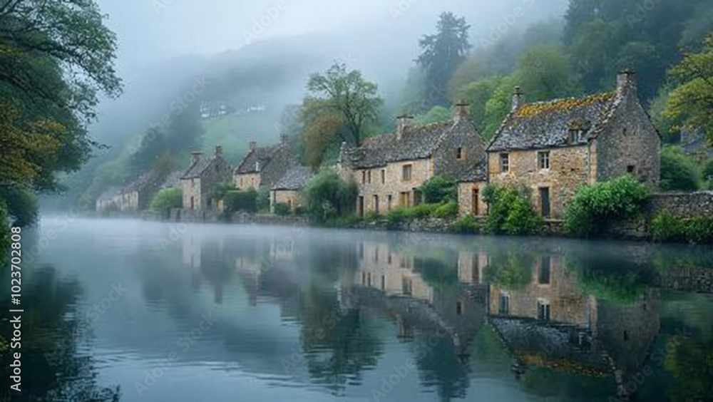 Fototapeta premium Fog in Village The Magic of Nature's Foggy Touch