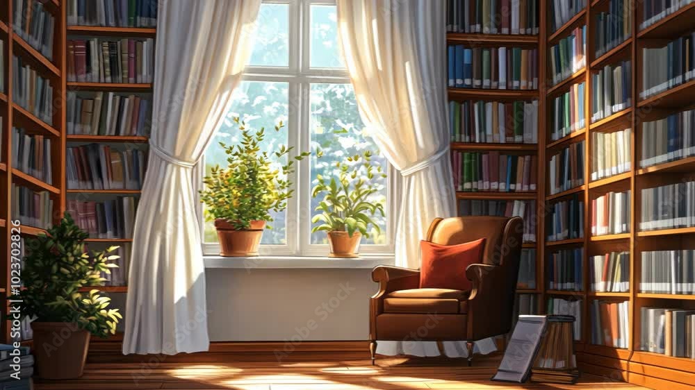 A cozy reading nook in a library with a large window, bookshelves filled with books, and a comfortable armchair A cozy reading nook in a library with a large window, bookshelves filled with books, and a comfortable armchair