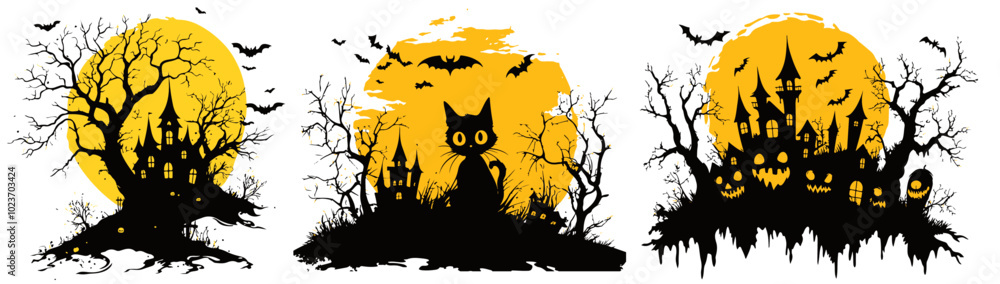 set of creepy haunted houses with halloween elements in black vector illustration set of creepy haunted houses with halloween elements in black vector illustration
