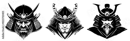 traditional japanese samurai heads wearing helmets set black vector
