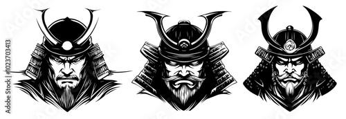 collection of samurai warrior heads with helmets black vector