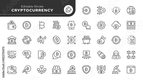 Cryptocurrency and Bitcoin line icon set. Virtual, digital currency, mining, blockchain, electronic cash, payment system and more. Outline vector icon in linear style. Pictogram collection.	