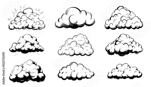 hand-drawn clouds collection in playful cartoon style black vector
