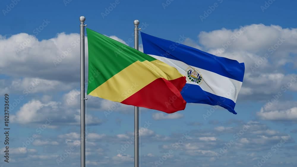 Republic of El Salvador and Congo Brazzaville flags flying together, video concept of the relationship, two country cooperation concept Republic of El Salvador and Congo Brazzaville flags flying together, video concept of the relationship, two country cooperation concept