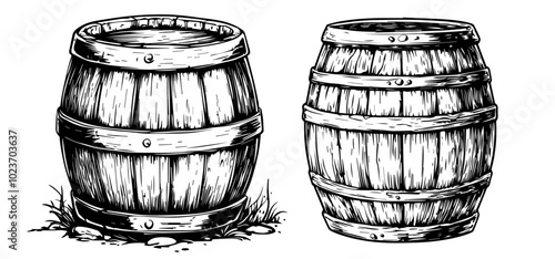 wooden wine barrel illustration in vintage style, black vector