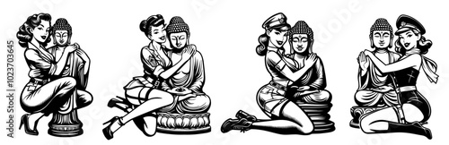 pin-up girl and peaceful buddha statue, black vector artwork