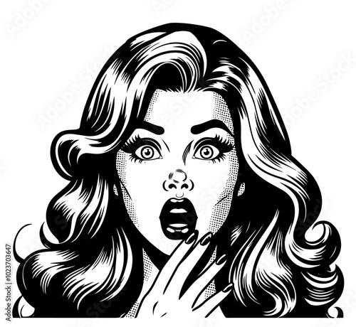 portrait of a scared pinup girl with shocked expression in classic style black vector