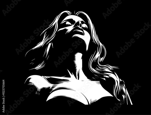 Dramatic female portrait in high-contrast black and white vector