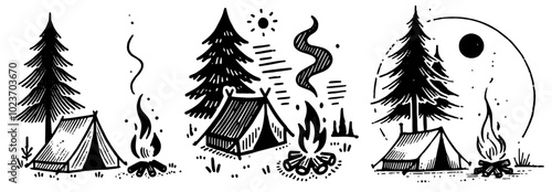 outdoor campsite with tent and fire, black vector
