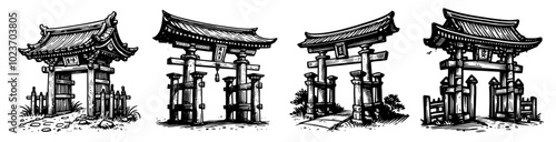 japanese temple entrance gate sketch, hand-drawn black vector illustration