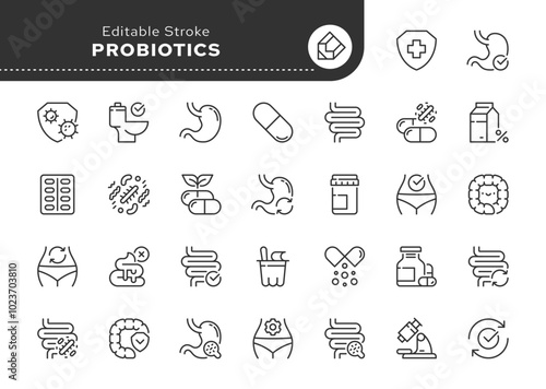 Probiotics, prebiotics line icon set. Intestines, stomach, capsule, normalization, gastrointestinal tract, beneficial bacteria, no diarrhea. Outline vector icons. Pictogram collection