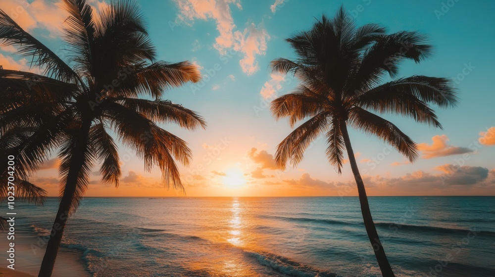 Silhouetted Palm Trees on a Tropical Beach at Sunset Silhouetted Palm Trees on a Tropical Beach at Sunset