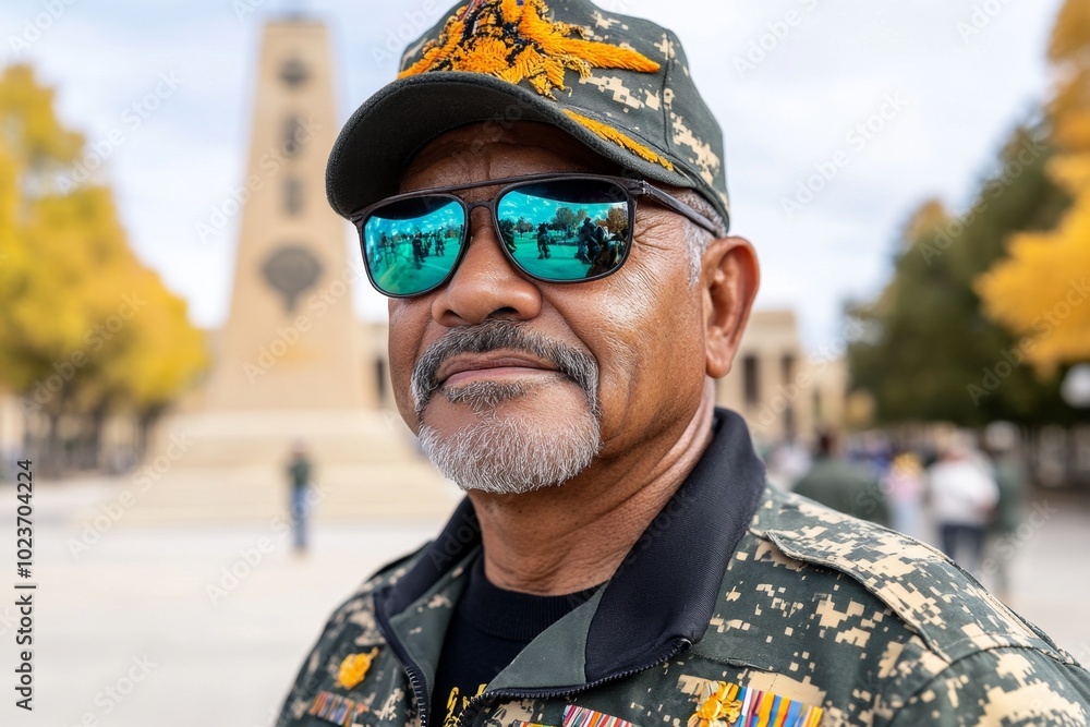 A highly detailed image of a veteran in full uniform, standing in front of a military monument, reflecting on their years of service A highly detailed image of a veteran in full uniform, standing in front of a military monument, reflecting on their years of service