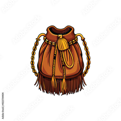 Illustration of a brown suede bucket bag with fringe detailing and a gold chain strap.