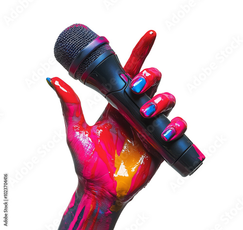A hand adorned with pink and blue paint, featuring long nails, holds up an open, black microphone, symbolizing creative expression through music...