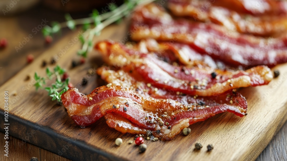 Crispy Bacon Strips on Wooden Serving Board Crispy Bacon Strips on Wooden Serving Board