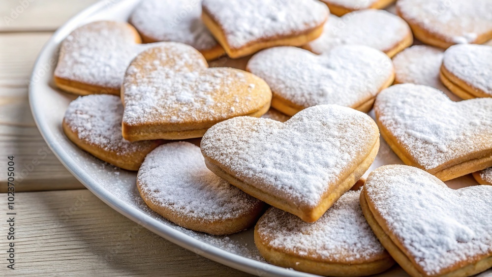 heart shaped cookies sprinkled with powdered sugar on a white plate close-up heart shaped cookies sprinkled with powdered sugar on a white plate close-up