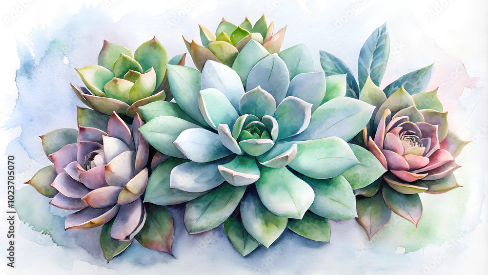 Stunning succulent arrangement in watercolor style with soft pastel colors Stunning succulent arrangement in watercolor style with soft pastel colors