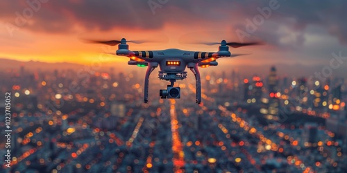 Drone hovering over city at sunset with illuminated city lights in the background