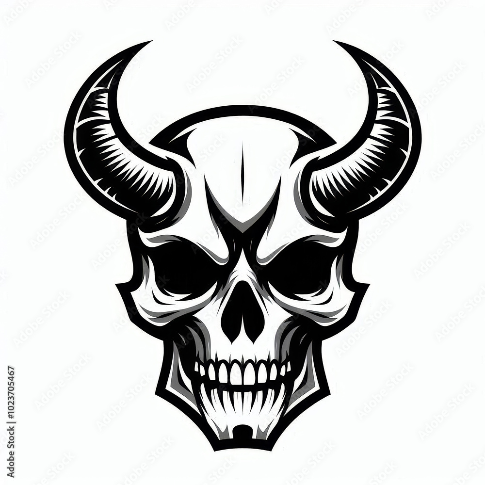 Fototapeta premium simple image of a skull with horns isolated on a white background, logo or icon style