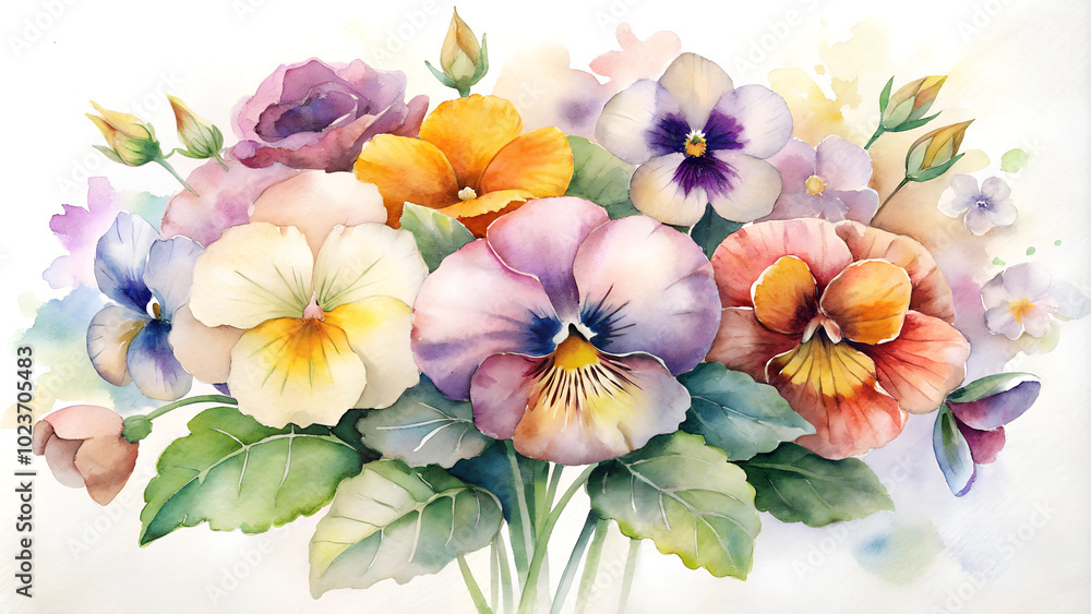 Watercolor painting of vibrant pansies in a bouquet with lush green leaves and soft background with copy space
Watercolor painting of vibrant pansies in a bouquet with lush green leaves and soft background with copy space