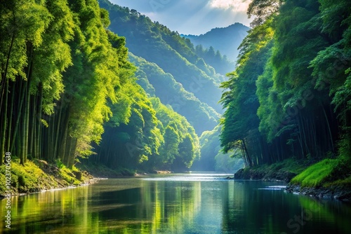 Scenic view of Shimanto River with silhouette of bamboo forest photo