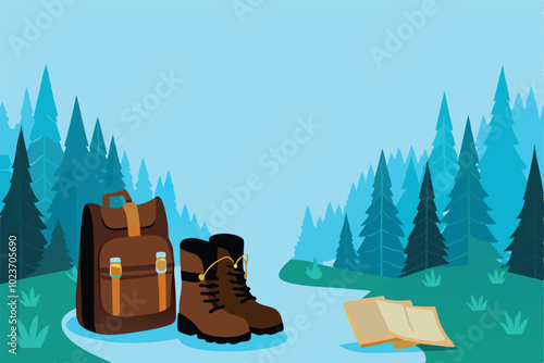 Illustration of a traveler's backpack, boots, and map sitting beside a river in a forest.