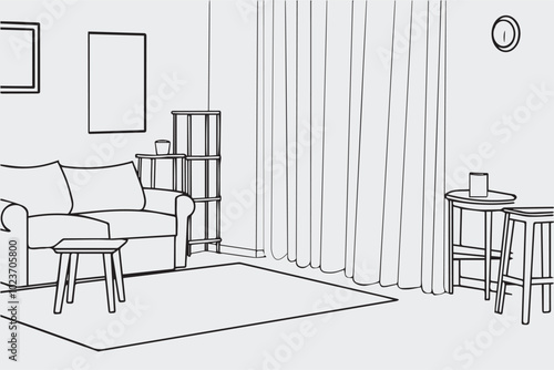 Interior design with modern living room in black sketch line on white background. Line drawing of Living room with modern furniture editable stroke. Living room line. Modern interior and furniture.