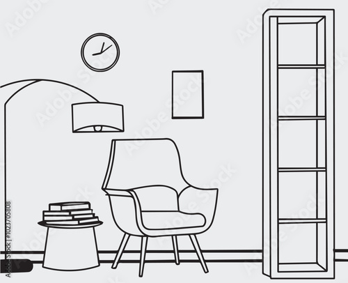 Interior design with modern living room in black sketch line on white background. Line drawing of Living room with modern furniture editable stroke. Living room line. Modern interior and furniture.