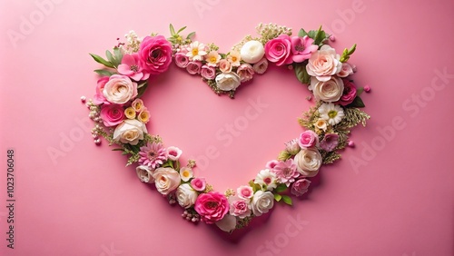 Heart shaped frame with flowers on pink background