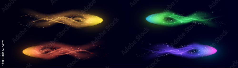 Fototapeta premium Set of colorful shimmering comets. Magical light movement effect. Magic wind effect for web design and fairytale decoration. vector png