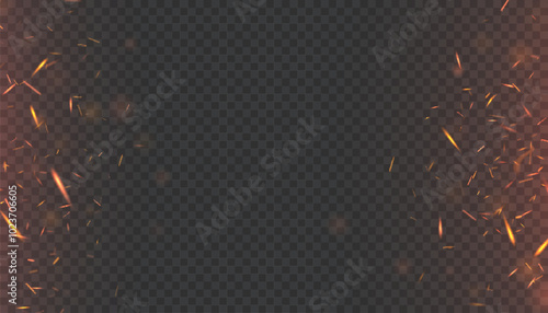 Sparks flame burning fire particles on transparent background. Flying sparks and flames. Vector