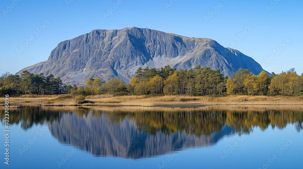 A mountain is reflected in the water of a lake A mountain is reflected in the water of a lake