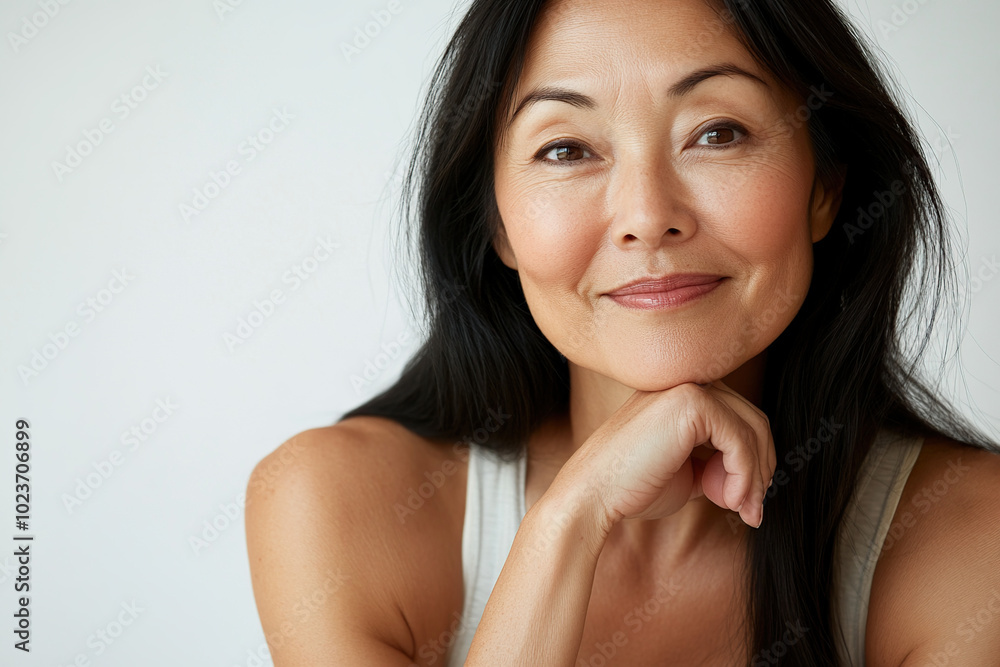 Smiling mature Asian woman with long hair, portrait Smiling mature Asian woman with long hair, portrait