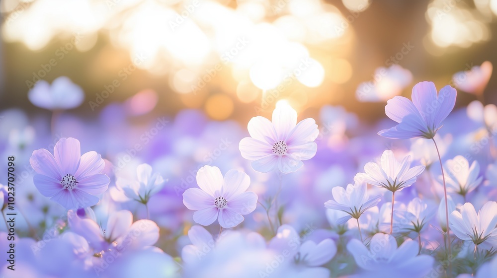A field of flowers with a bright sun shining on them A field of flowers with a bright sun shining on them