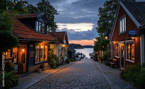 Fototapeta Naklejka Na Ścianę i Meble -  A cobblestone street with a row of houses and a lake in the background