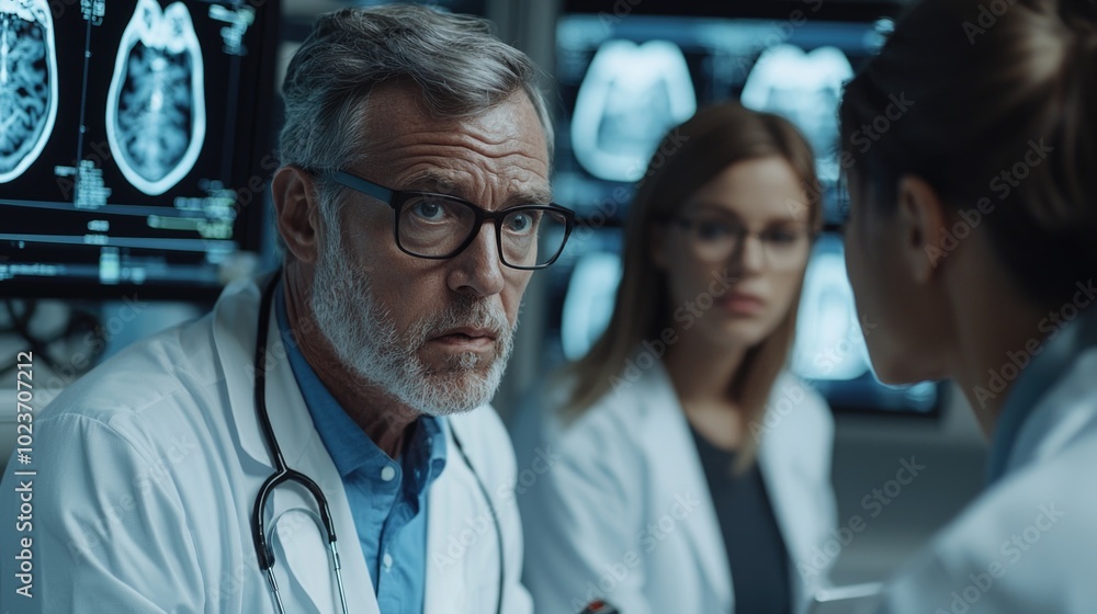 Medical professionals discussing patient scans in a clinic Medical professionals discussing patient scans in a clinic